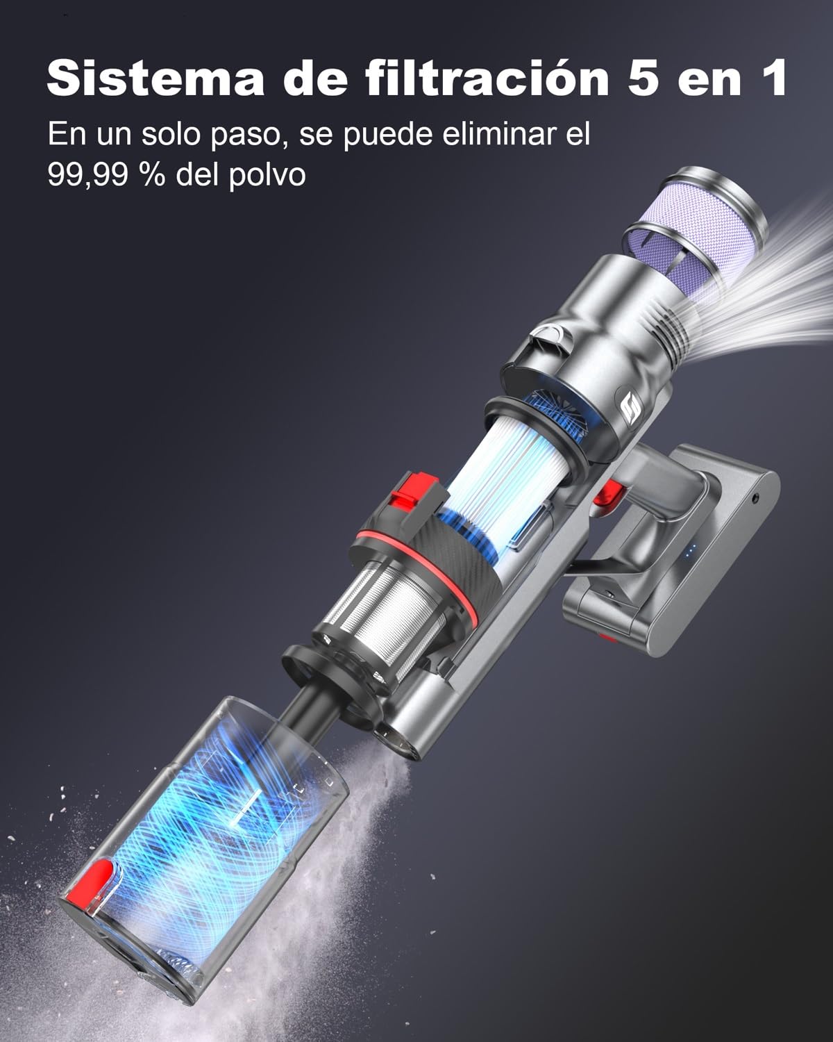 aujun J10 Aspiradora sin Cable 48Kpa 580W 70Min, Bajo Ruido, 1.5L, Antienredos, para Suelos