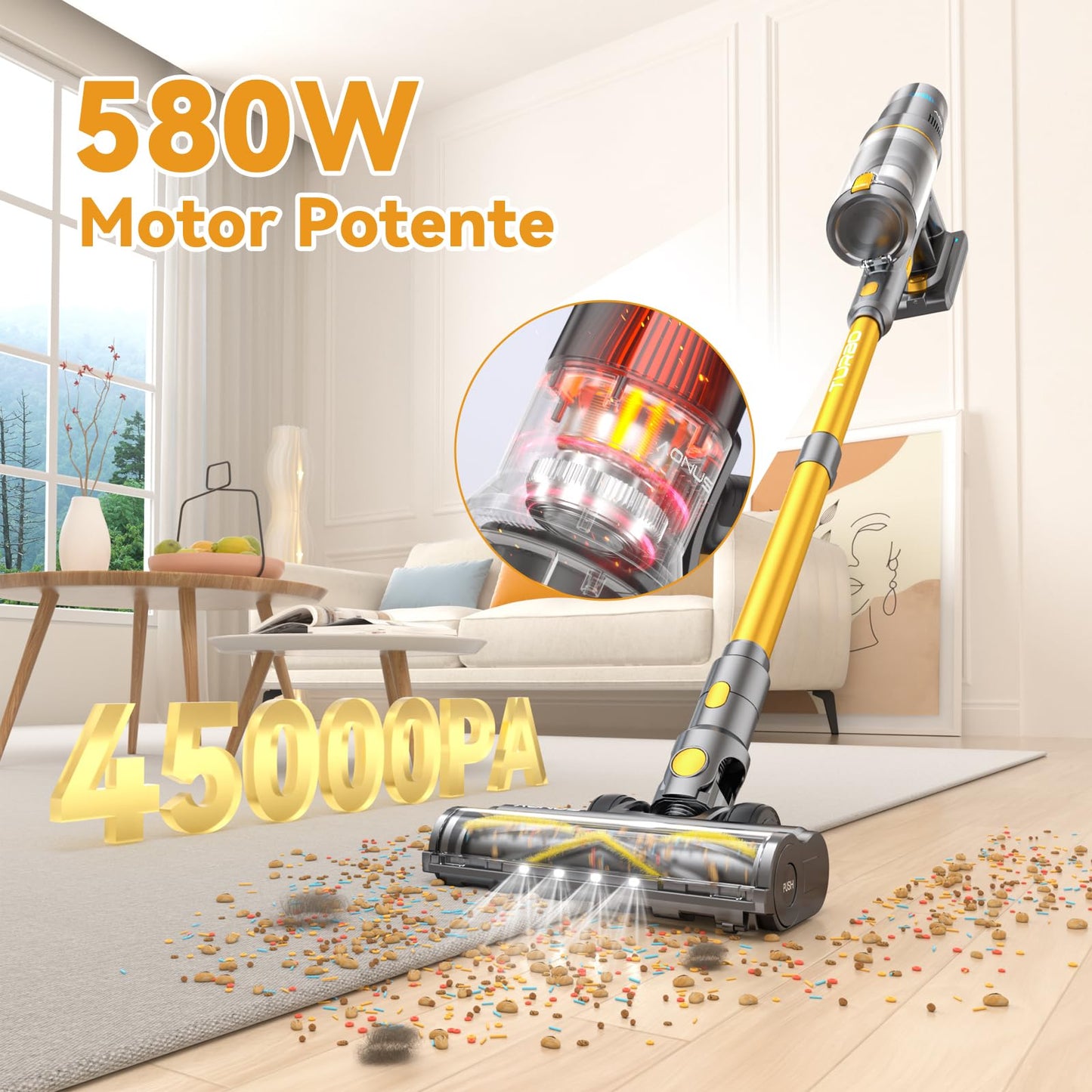 aonus Aspiradora sin Cable 45Kpa 580W 70Min, LED Táctil, Cepillo Antienredos para Alfombra y Suelo
