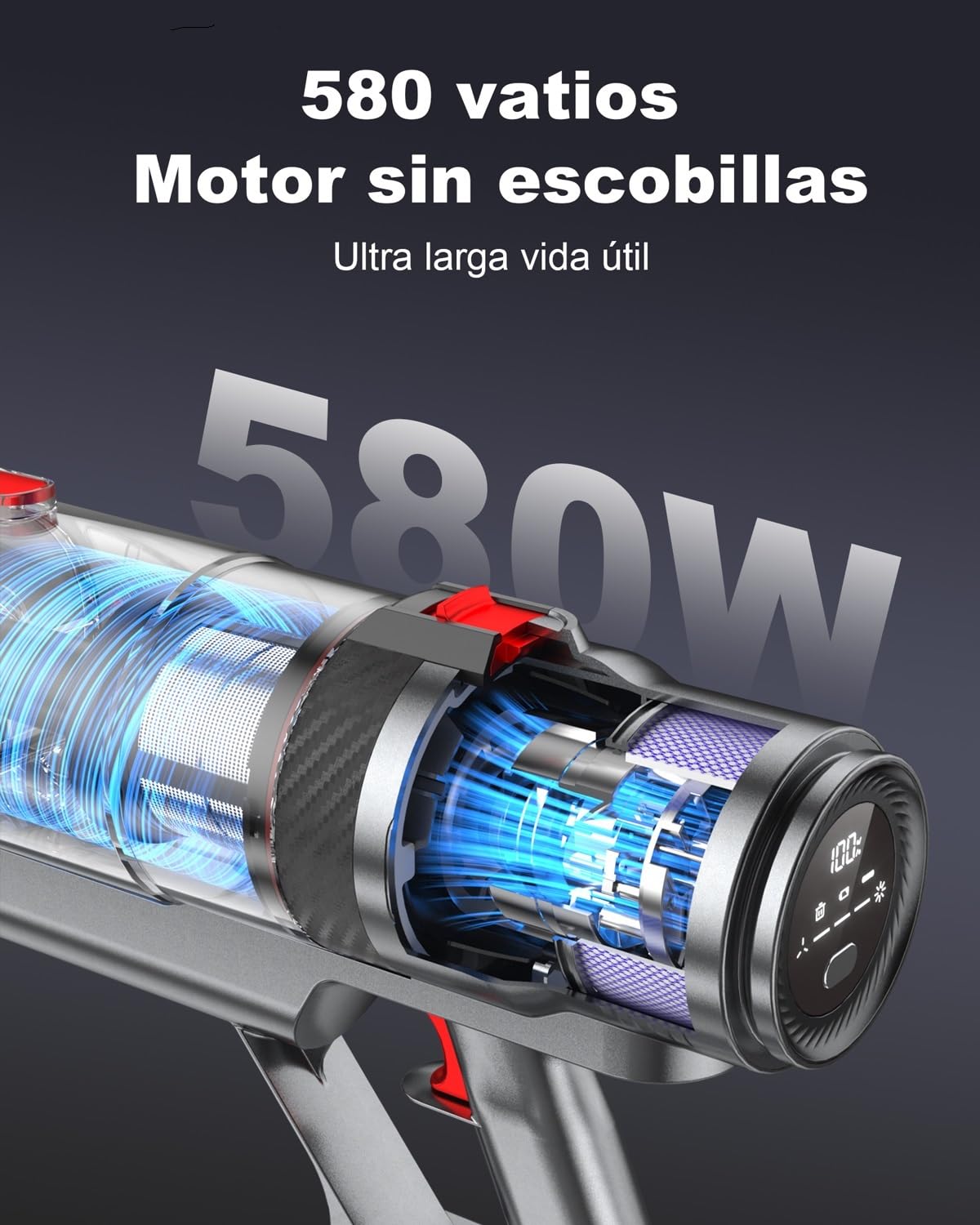 aujun J10 Aspiradora sin Cable 48Kpa 580W 70Min, Bajo Ruido, 1.5L, Antienredos, para Suelos