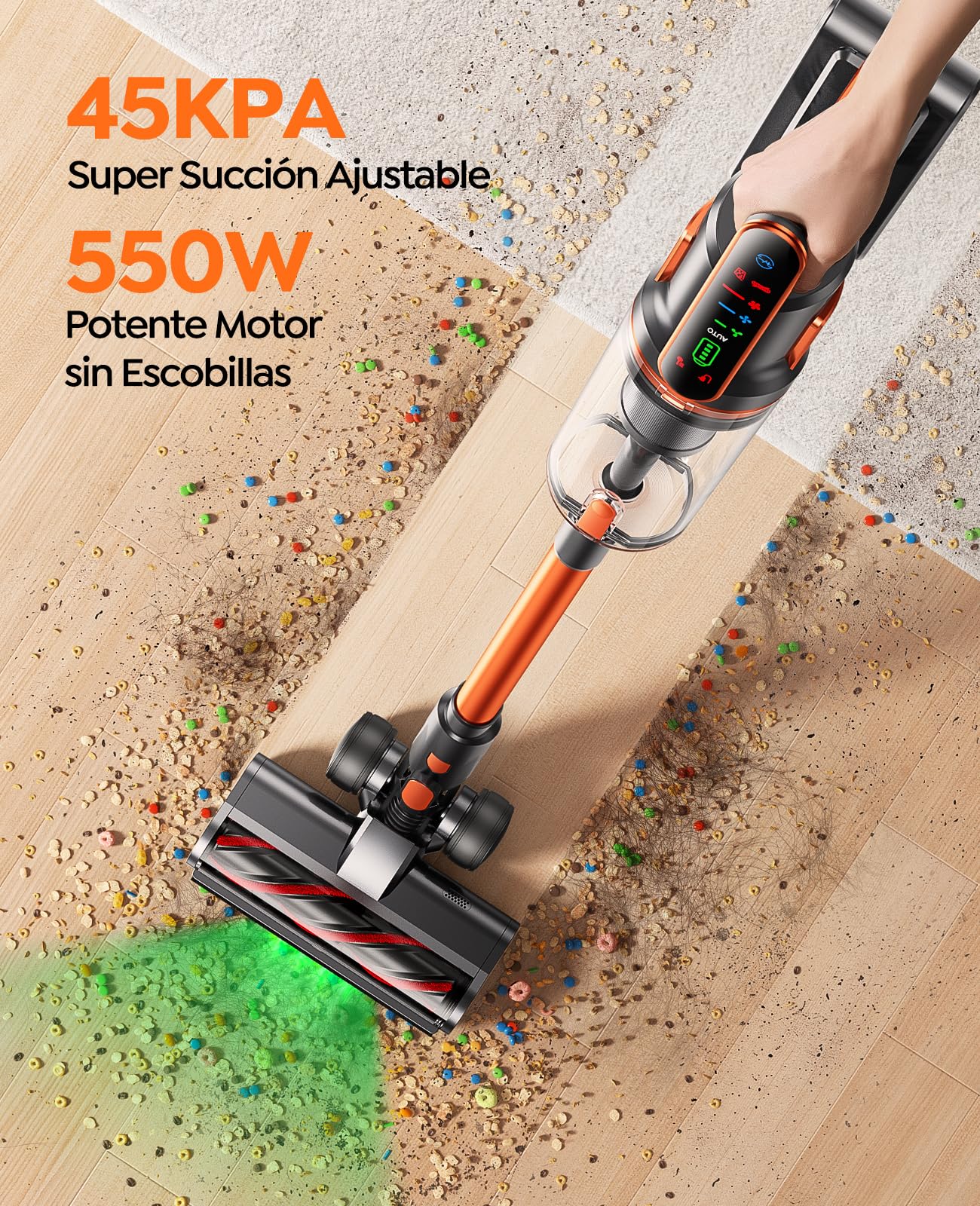 Aspiradora sin Cable 45KPa 550W 60Min con Aromatizante, Tubo Flexible y Pantalla LED