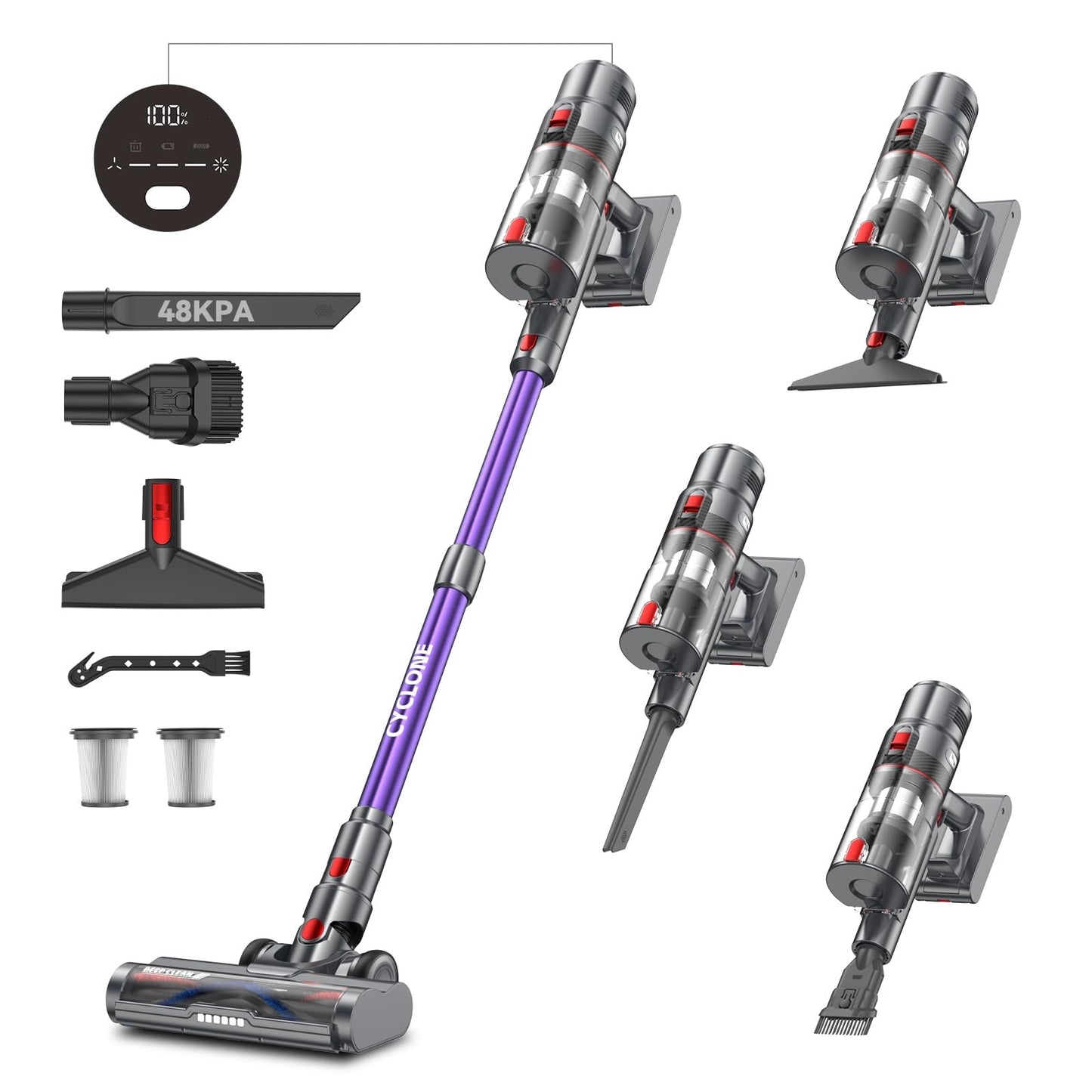 aujun J10 Aspiradora sin Cable 48Kpa 580W 70Min, Bajo Ruido, 1.5L, Antienredos, para Suelos