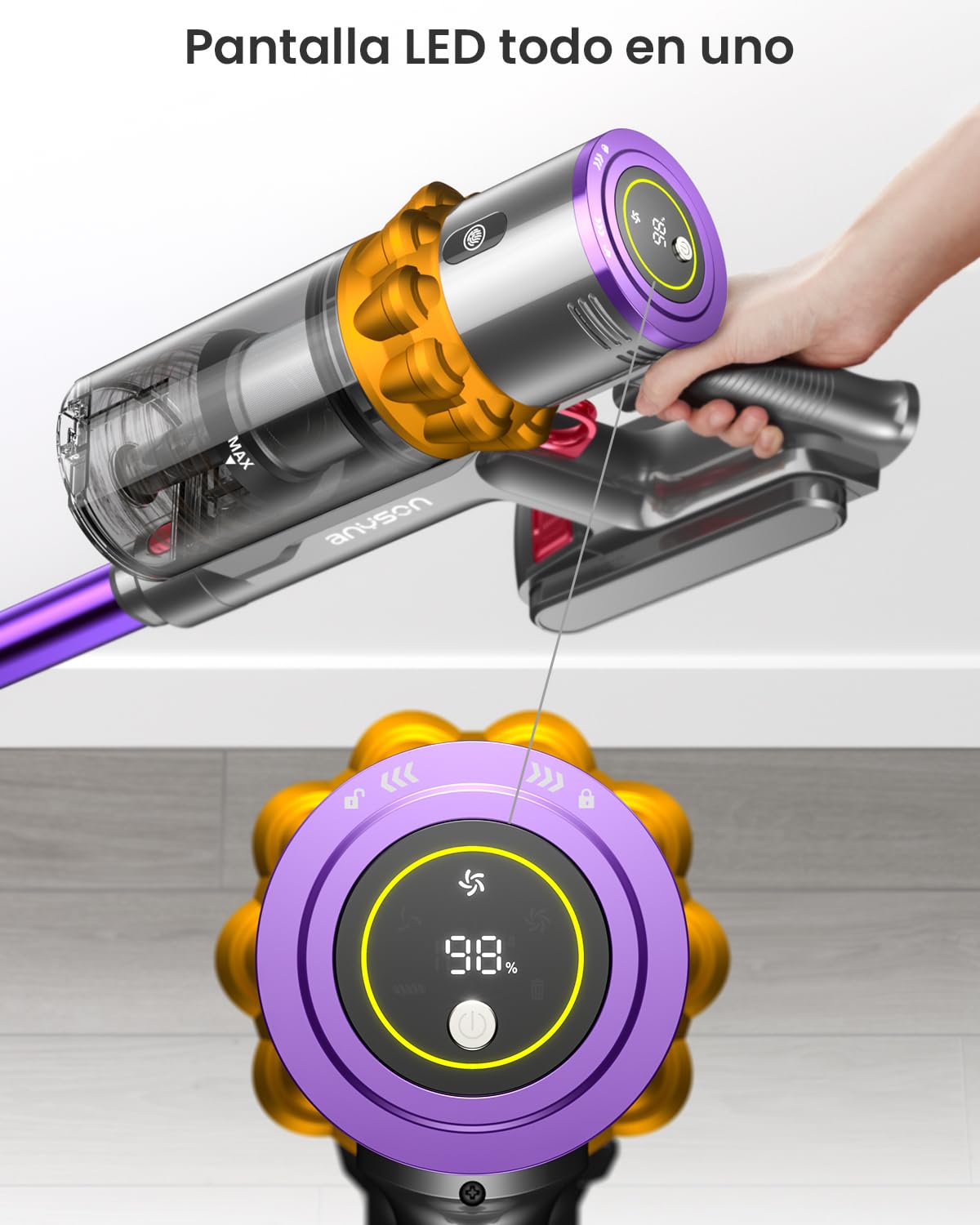 Aspiradora sin Cable 45KPa 550W 70Min Pantalla LED Filtro 8 Etapas para Alfombra y Mascotas
