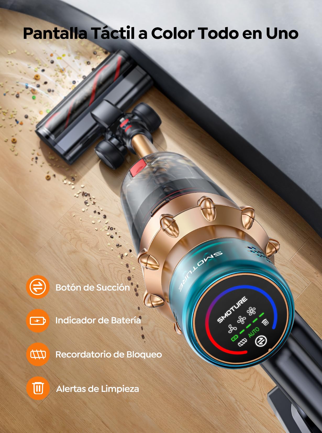 SMOTURE Aspiradora sin Cable 45Kpa 550W 60Min, Auto, LED Táctil, Carga en Pared, Antienredos