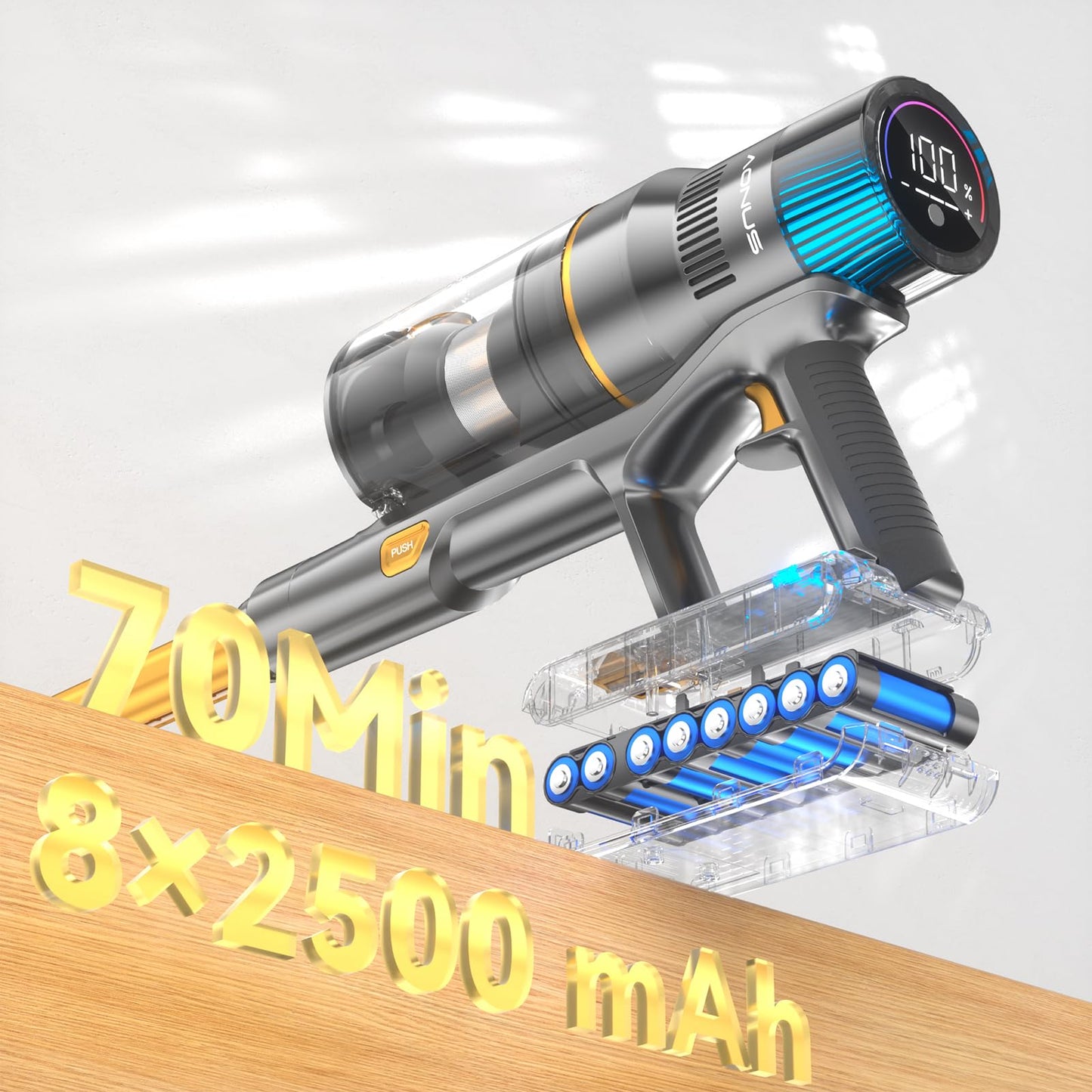 aonus Aspiradora sin Cable 45Kpa 580W 70Min, LED Táctil, Cepillo Antienredos para Alfombra y Suelo